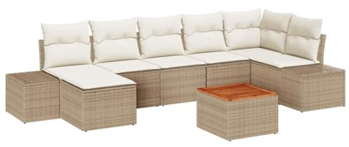 QJBSAVVA 8-teiliges Gartenmöbel-Set mit Stauraum Modular Sofa Beige-Weiß Lounge-Set aus Poly-Rattan mit Tisch und Hocker Sitzgruppe für Terrasse Garten und Outdoor
