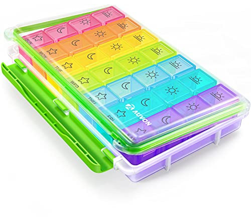 AUVON Pill Boxes 7 Day 4 Times A Day,Portable Weekly Pill Box Organiser with Moisture-Proof Design and Large 28 Compartments to Hold Vitamins, Supplements and Medication