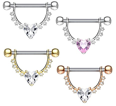 beyoutifulthings Brustwarzen-Piercing GROSSES Herz Intim-Piercing Brust-Piercing Edelstahl Silber Gold Roségold Clear Pink Stab 1,6mm 12mm