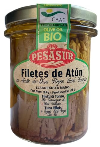 Atún PESASUR Aceite de Oliva Virgen Extra Ecológico Tarro Vidrio [Pack 2 ud x 195 g]