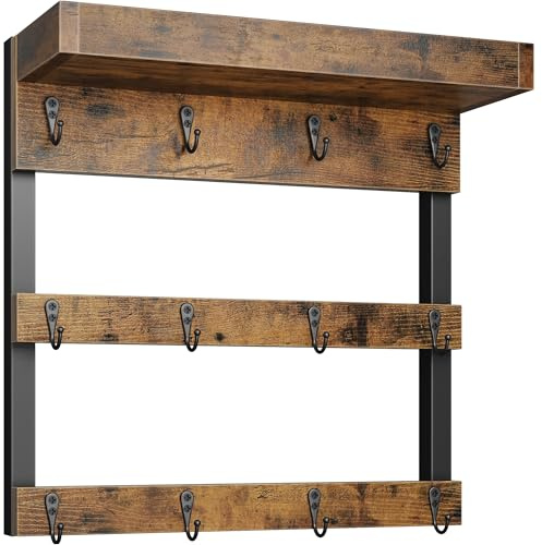 OROPY Coffee Mug Rack Wall Mounted, Rustic Wood Cups Rack with 12 Hooks and Storage Shelf, for Home Kitchen Display and Collection (Rustic Brown)