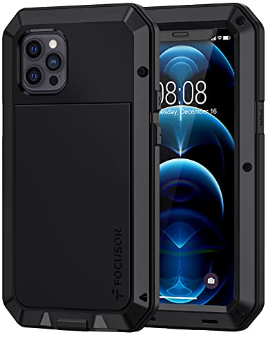 Focusor für iPhone 12 Pro Max Hülle Metall Panzer 360 Grad Outdoor Stoßfest | Schwarz,Military,Robust,Armor,Hardcase,Staubdicht,Baustelle,Handyhülle mit Displayschutz,Komplett Schutzhülle,Heavy Duty