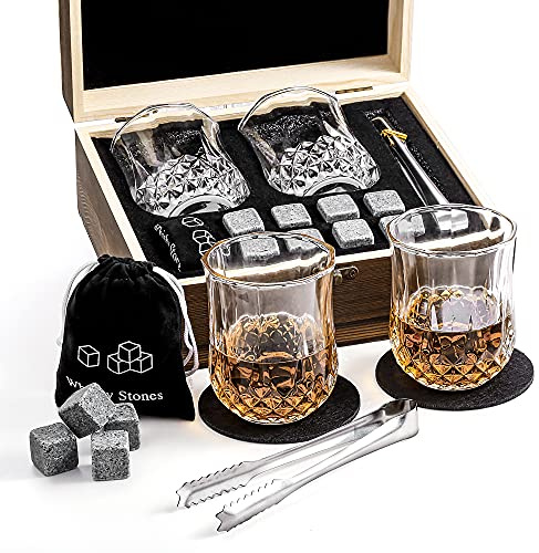 Qinhai Whiskey Stones Glass Gift Set, 2 Bourbon Glasses and 8 Granite Ice Cubes, Christmas Valentines Fathers Day Birthday Santa for Men Dad Him Grandad Teacher Boyfriend