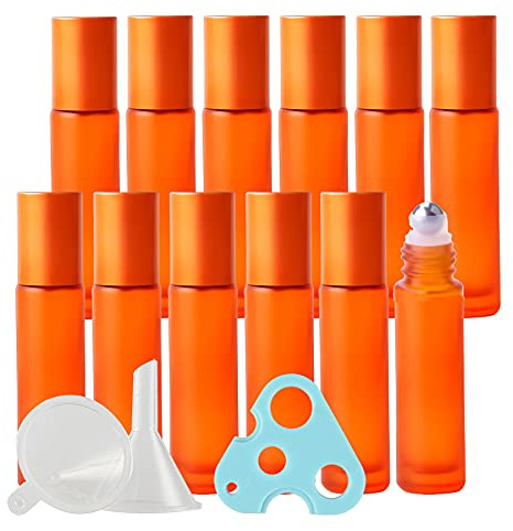 TIANZD 12 Stück Leere 10ml Matt Orange Glas Roller Flaschen mit Alu Schraubverschluss, Roll-On Glasflaschen mit Glasroller für Ätherische Öle Essential Oil mit Trichter Öffner