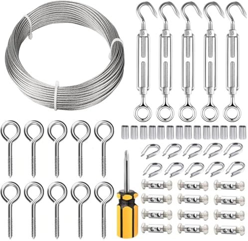 TooTaci 30M Stainless Steel Garden Wire Kit – 1.5mm Wire Rope, M5 Turnbuckle Tensioner, Vine Eyes for Climbing Plants, Outdoor Lights Hanging, Trellis System