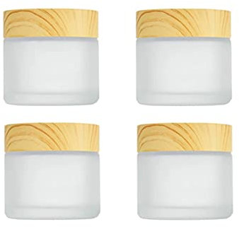 Hsthe Sea 4Pcs 10ml / 10g Empty Frosted Clear Glass Cosmetic Sample Containers with Wood Grain Plastic Lids and Inner Liners - Refillable Mini Travel Pot Jars for Makeup Creams Lip Balm Beauty Nails