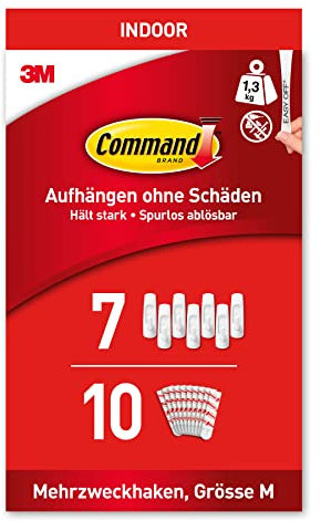 Command Klebehaken, Weiß - Packung mit 7 Haken selbstklebend und 10 Mittelgroße Klebestreifen, Strips - Haken für Wand, Türhaken, Organisieren ohne Bohren - Hält 1,3kg