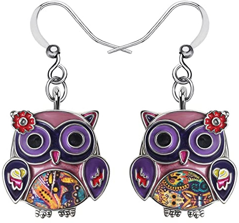 Émail Alliage Anime Fleur Boucles d'oreilles Hibou Boucle d'oreille oiseau Bijoux de mode pour femmes, filles, cadeaux de charme (Violet)