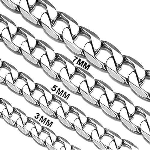 Daisy Philip 3mm 5mm 7mm 9mm CURB Mens Necklace Silver Chain Cuban - Stainless Steel Jewellery - Neck Link Chains for Men Man Women Boys Kids