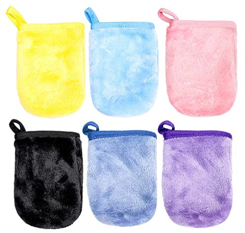 PFLYPF 6 Stück Abschminkhandschuhe aus Flanell, Fingerreiniger, wiederverwendbare Handtücher, Duschhandschuhe mit Schlaufen, weiche Waschhandschuhe (9 x 13 cm)