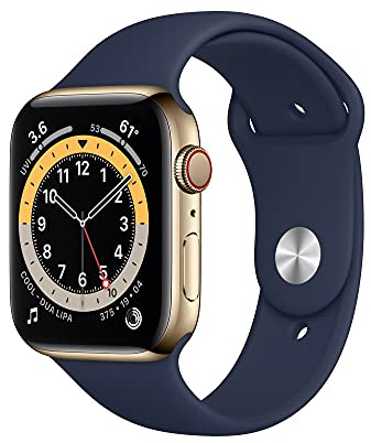 Apple Watch Series 6 (GPS + Zellular, 44MM) Edelstahlgehäuse Gold mit Tiefem Marine Sportarmband (Generalüberholt)
