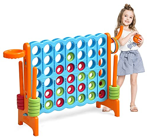 GOPLUS Riesiges 4 Gewinnt Spiel, Strategiespiel mit 42 Ringen, Basketballkorb & Wurfspiel & Schnellspannhebel, 4 in Einer Reihe für Kinder & Erwachsene (Blau + Orange)