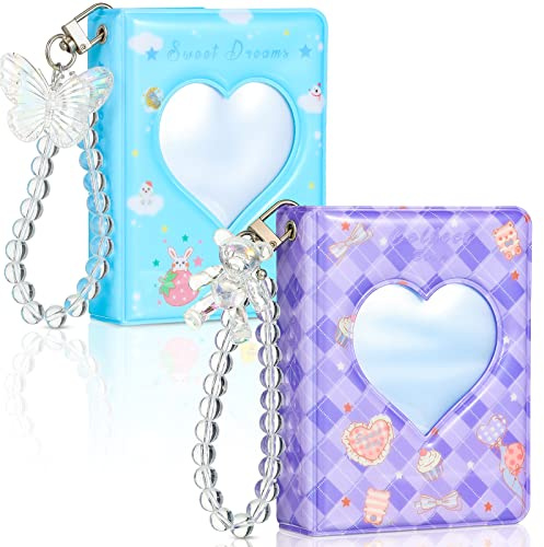 2 Pcs Photocard Binder Album 3 Inch Mini Photo Album Kpop Love Heart Hollow Photocard Binder Mini Photo Card Book Holder with Pendant DIY Keychian and Stickers, 40 Pockets(Sweet Style)