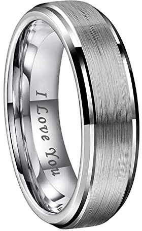 TUTISS 6mm Tungsten Rings for Men Women Engagement Wedding Bands Stepped Beveled Edges I Love You Engraved Comfort Fit Size 9.5