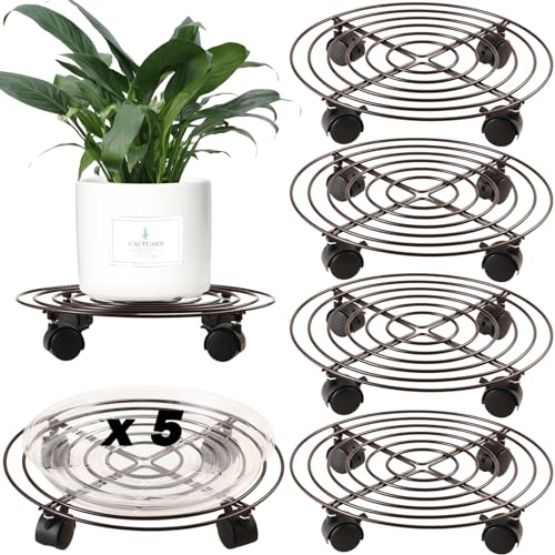 5 Packs Large Metal Plant Caddy with Wheels 13 Inches Heavy-duty Iron Rolling Plant Stands Coaster with Casters Garden Dolly Flower Pot Mover Rollers Indoor Outdoor, Brown