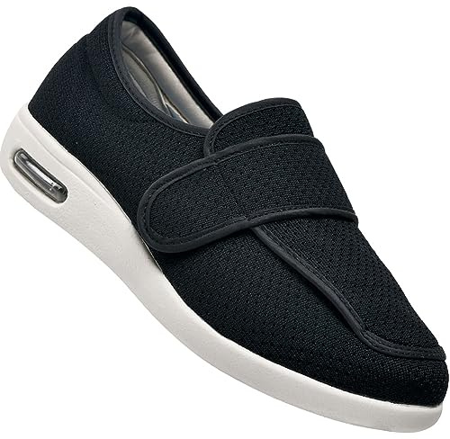 Scarpe Ginnastica Ortopediche, Pantofole Leggere Uomo Scarpe Ginnastica a Strappo Scarpe per Piedi Gonfi per diabetici con Chiusura in Hook & Loop(Black,46 EU)