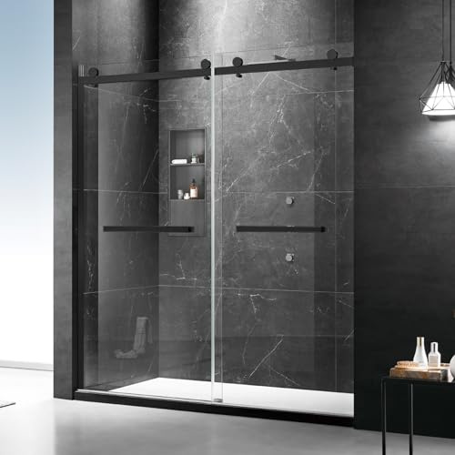 MoSweet Milano Shower Door, 60 W x 74 H Framed Double Sliding Shower Door 5/16(8mm) Clear Tempered Glass, 18 inch Pull Handle, Stainless Steel Hardware, Matte Black Finished