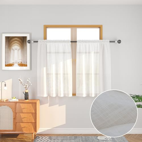 UPOPO Durchsichtige Küchen-Vorhänge, 91,4 cm, Leinenstruktur, kurz, klein, durchsichtig, Café-Vorhänge über Waschbecken, Bauernhaus, rustikaler Vintage-Stil, Schrank, Wohnwagentür, Badezimmer, 2