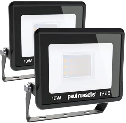 paul russells 10W LED Outdoor Floodlight - 1000LM Bright Security Lights, IP65 Waterproof, Daylight 6500K White, Garden & Outdoor wall Lights for Garden, Garage, Warehouse, Energy-Efficient, 2 Packs