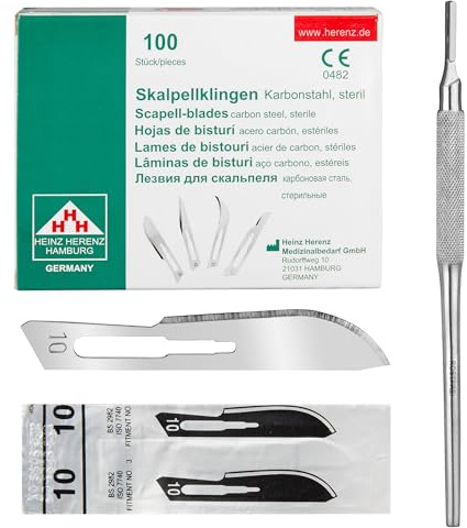Set - 100 Stück sterile Skalpellklingen Figur 10 aus Karbonstahl - Ersatzklingen + 1 x Shehadeh - Skalpell-Halter mit rundem Griff - Edelstahl