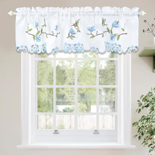 Molaxhome Schillernd Bestickt Scheibengardinen Kurzstores Fenster Valance Küchengardinen Bistrogardine Fenstervorhang Küche Vorhänge Fensterschal, Stabtasche Valance 146x35 blau