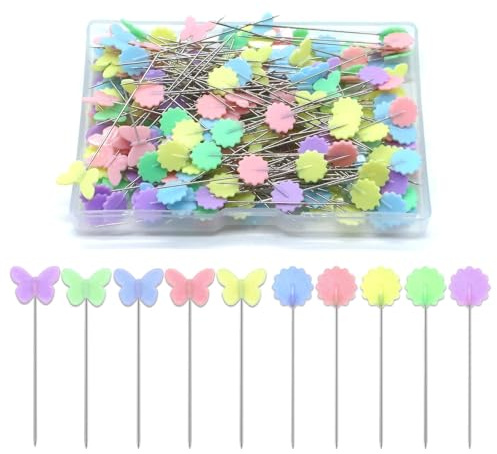 200 st raka nålar platt huvud synålar med blomma och fjäril färgade huvuden, kviltstift för sömnad lång rak nål för tyghantverk klädmakare smycken dekoration