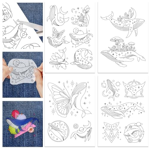 GLOBLELAND 4 Blatt Crystal Dreamy Whale Stick and Stitch Wasserlöslicher Stabilisator Zum Sticken Selbstklebender Handnähstabilisator Vliesstoffe Hilfsmittel Zum Zeichnen 11.7x8.3 Zoll