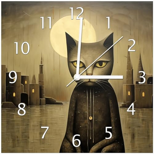 Wallario Design-Wanduhr Nachtwächter der Stille aus Glas, Motiv-Uhr Größe 30 x 30 cm, weiße Zeiger