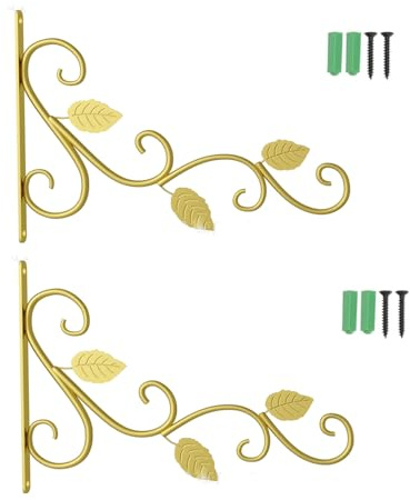MEISO 2 Stück Wandhalterung für Pflanzen, Wandhaken aus Schmiedeeisen, für Pflanzenkorb, Blumentöpfe, Laternen, Futterspender für Vögel und Glocken (Gold)