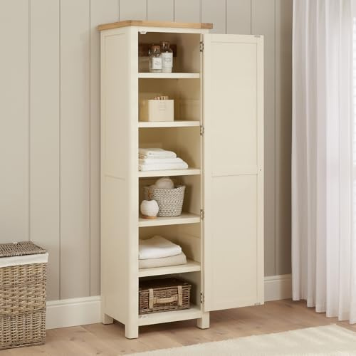 The Furniture Market Marbury Cream Painted | Single Door Linen Cupboard | Tall Shaker Storage Cabinet | Adjustable Shelves & Hooks | Fully Assembled | Country Style | H 1900 x W 600 x D 450mm