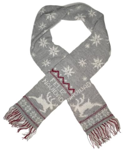 Generisch Winterschal Fransen Feliz Navidad Schriftzug Rentiere Sterne Hellgrau Weiß, Rot Handgestrickt aus Schurwolle Einzelstück Kuschelig Weich Warm Weihnachten Hingucker Modern Hochwertig Unisex