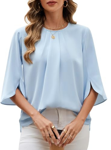 Niwicee Camicia Donna Estiva Elegante Camicia Donna Manica a 3/4 Top Girocollo Manicotto Split Casual in Chiffon Bluse Top Donna Classiaca Tshirt (Blu, S)