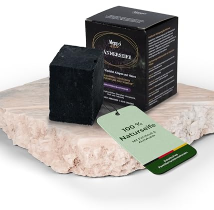 Aleppo Pure® Männerseife 150 g – Tiefenreinigung für Gesicht & Körper – Natürlich, Vegan – Perfekt für Hautpflege, Peeling & Frischen Duft (mit Patchouli & Aktivkohle)