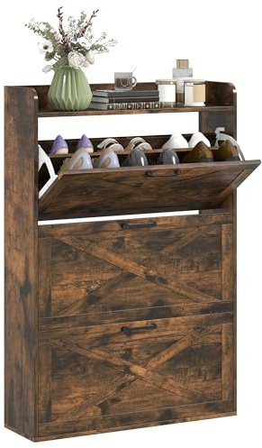 HOMCOM Mueble Zapatero de 3 Puertas Zapatero Estrecho con Estantes Ajustables Estilo Industrial para 24 Pares de Zapatos hasta Talla 45 para Recibidor Entrada 80x24x118 cm Marrón Rústico