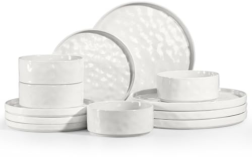Homikit 12 Piece Dinner Sets, Reactive Glaze Plates and Bowls Set for 4 People, Elegant Dinnerware Stoneware for Kitchen Dinner Camping, Scratch Resistant, Dishwasher & Microwave Safe, Pearl White
