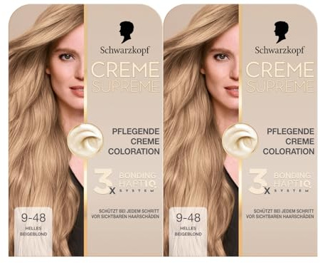 Schwarzkopf Creme Supreme Coloration 9-48 Helles Beigeblond (2x182 ml), dauerhafte Haarfarbe mit Serum und Haar-Maske schützt vor sichtbaren Haarschäden, für 100% Grauabdeckung