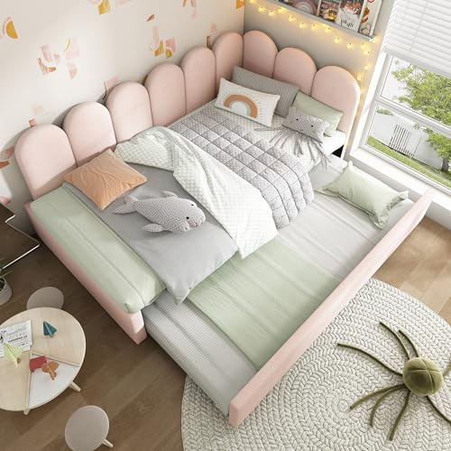 TOBIDOEN Schlafsofa Tagesbett 90x200 cm, Kinderbett Polsterbett mit Ausziehbett 90x190 cm und Lattenrost, Bett Ausziehbar zum Doppelbett, ohne Matratze, Samtstoff, Rosa