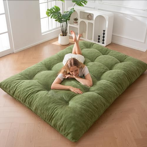 MAXYOYO Futonmadrass, Chenille-tyg, 15 cm tjock, upprullad futon bäddsoffa fyllt strimlat skum, hantverk med knappar, praktisk hopfällbar golvmadrassdyna (ram ingår inte)