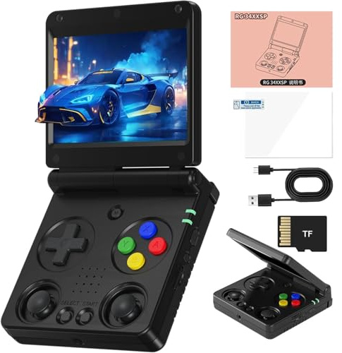 RG34XXSP Console Di Gioco Portatile Retrò 3300 MAh Battey, Schermo Da 3,4 Pollici Portable Pocket Arcade Supporto 30+ Simulatori 5G Wi-Fi Bluetooth HD Retro Gaming Console-Black||64G+128G