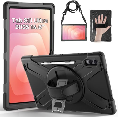 Gerutek Cover per Samsung Galaxy Tab S12 Ultra/ S11 Ultra 14.6'', Nero | Custodia Robusta Antiurto con Supporto Girevole a 360°, Cinghia per Mano/Spalla, Portapenne