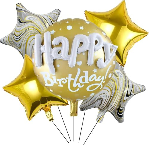 5pcs Gold Star Foil Balloons Set - 23 inch Birthday Balloon with 4 Shiny Star Balloons - Reusable Party Decorations No Helium Needed