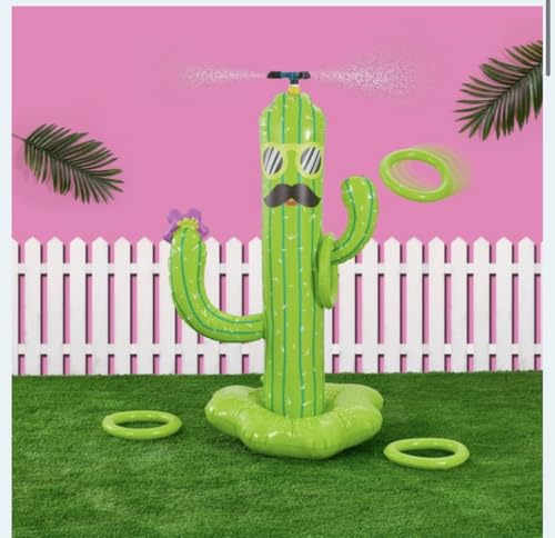New||Inflatable Cactus Sprinkler with Ring Toss Hoop Game, 4 Ft Tall, 4 Hoops Included, Outdoor Summer Water Toy||