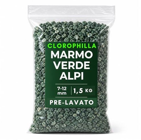 Clorophilla Marmo Verde Alpi Pre-Lavato 7-12 mm – Graniglia Decorativa Naturale per Vasi, Aiuole e Giardini – Pietre Decorative Verdi per Interni ed Esterni (1,5 KG)