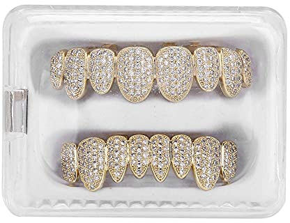 Grillz, graffe grillz denti Hip Hop Teeth Grill Set Microset Diamond Braces ecologico ottone galvanico grill pratico da usare, per Halloween o altre occasioni