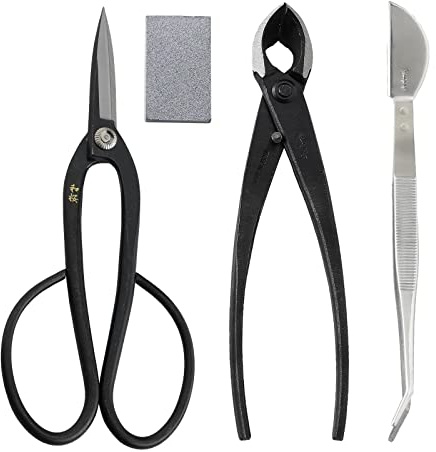 Wazakura Kit 4 Outils, Set Essentiels Entretien Bonsaï Fabriqué au Japon, Ciseaux Ashinaga en Acier Yasugi Japonais 200mm, Coupe Branche, Pince Multifonction en Acier Inoxydable, et Gomme Nettoyante