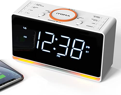 iTOMA Alarm Clock Radio, 1.4 White LED Display Clock with Bluetooth, FM Radio, Dual Alarm, Sleep Timer, Snooze, Auto & Manual Dimmer, USB Charger and Night Light CKS718