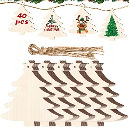 40 Stück DIY Weihnachtsdekoration Holz, Anhänger, Geschenkanhänger, Schneeflocken zum Bemalen, Basteln, Tannenschmuck, Baumschmuck