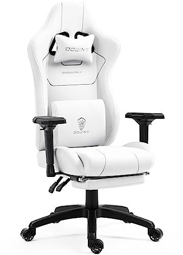Dowinx Gaming Stuhl Stoff mit Taschenfederkissen, Ergonomischer Gaming Sessel mit Massagefunktion, PC Bürostuhl Groß und Hoch mit Fußstützen XXL, Weiß