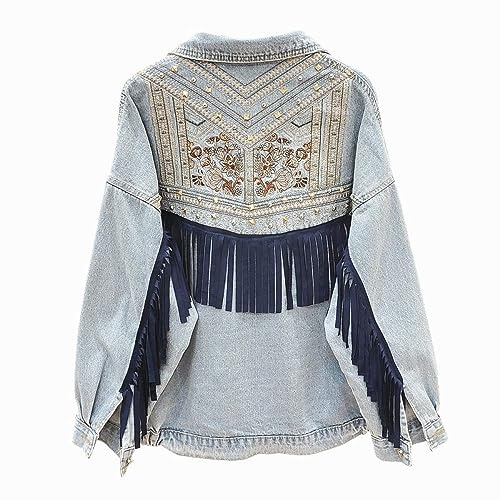 Chaqueta Mujer,Chaqueta De Mezclilla Con Borlas Boho Para Mujer, Bordado Floral, Gamuza, Flecos, Jeans, Tops, Estiramiento A Medida, Botón De Camionero, Abrigo De Mezclilla, Cárdigan, Chaqueta Vaque