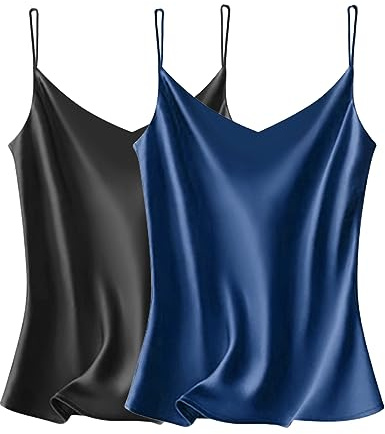 VIDUSSA Camiseta básica de satén para mujer, camiseta básica con tirantes, blusa de seda, camiseta básica con mangas cortas, camiseta básica con cuello en V, pack de camisetas, L